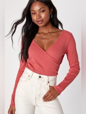 Lulus All Day Fave Rusty Rose Ribbed Surplice Long Sleeve Top Size XL NWT